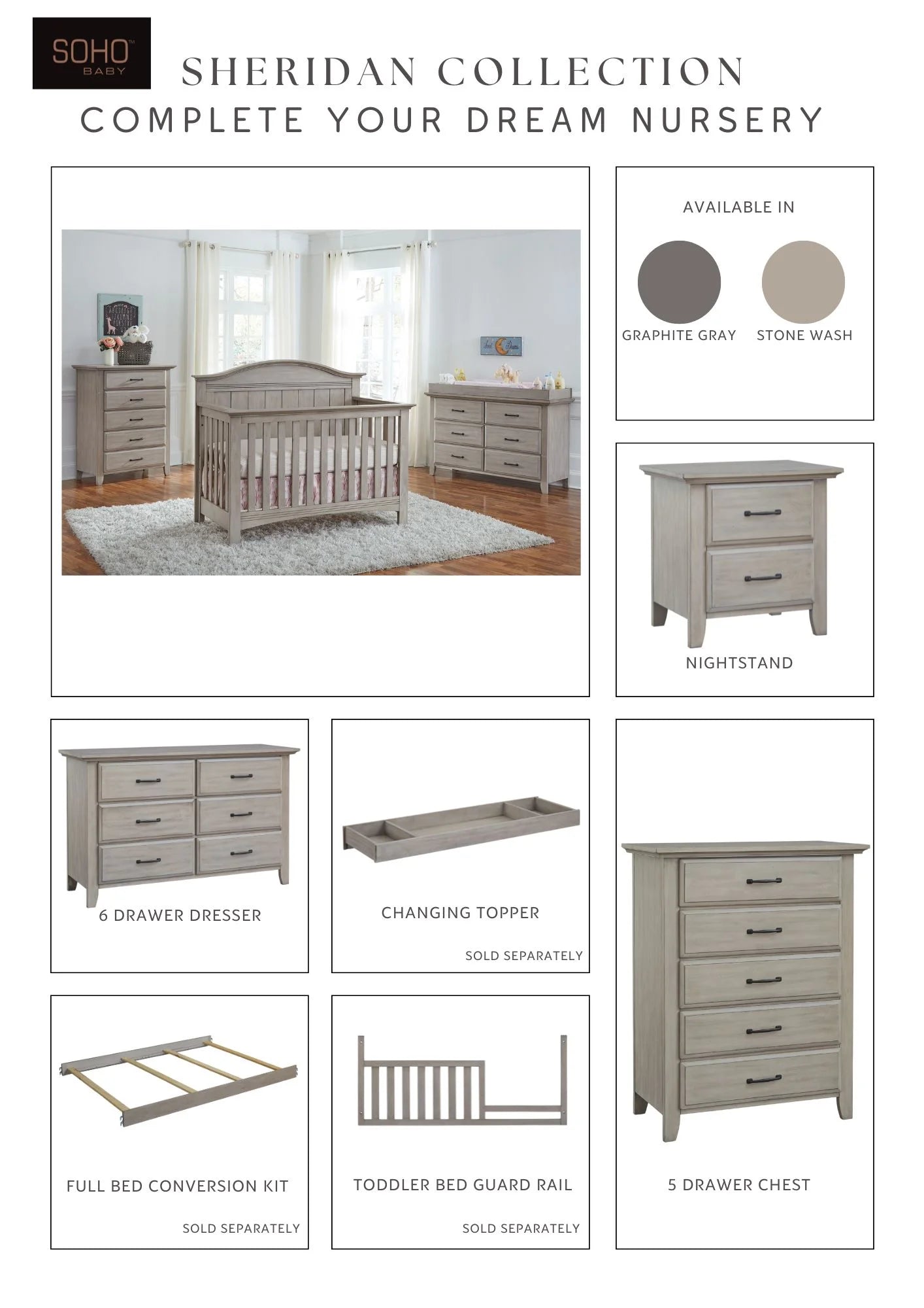 Sheridan 4 in 1 Convertible Crib Stone Wash